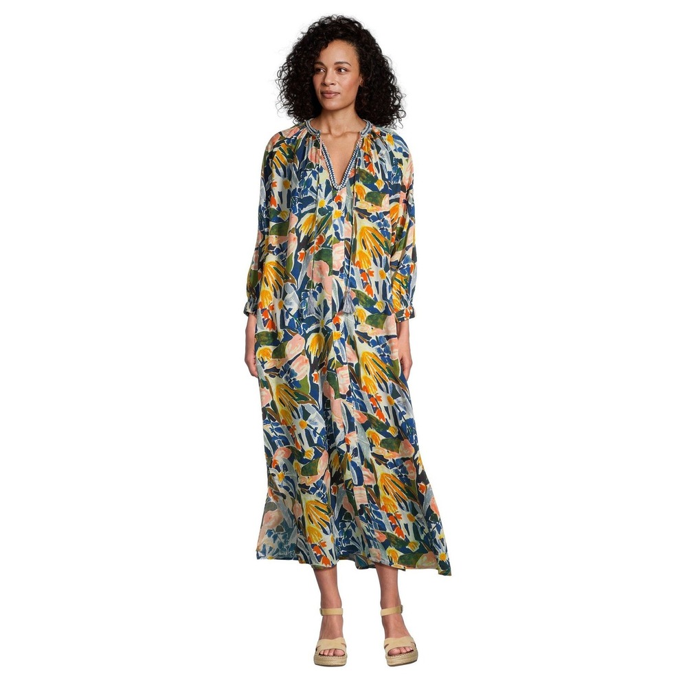 World Market Floral Maxi Dress Womens L/XL Multicolor Viscose Tassel Kaftan NEW